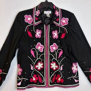 Victor Costa Occasion Black Floral Embroidered Linen Blend Zip Jacket Womens L